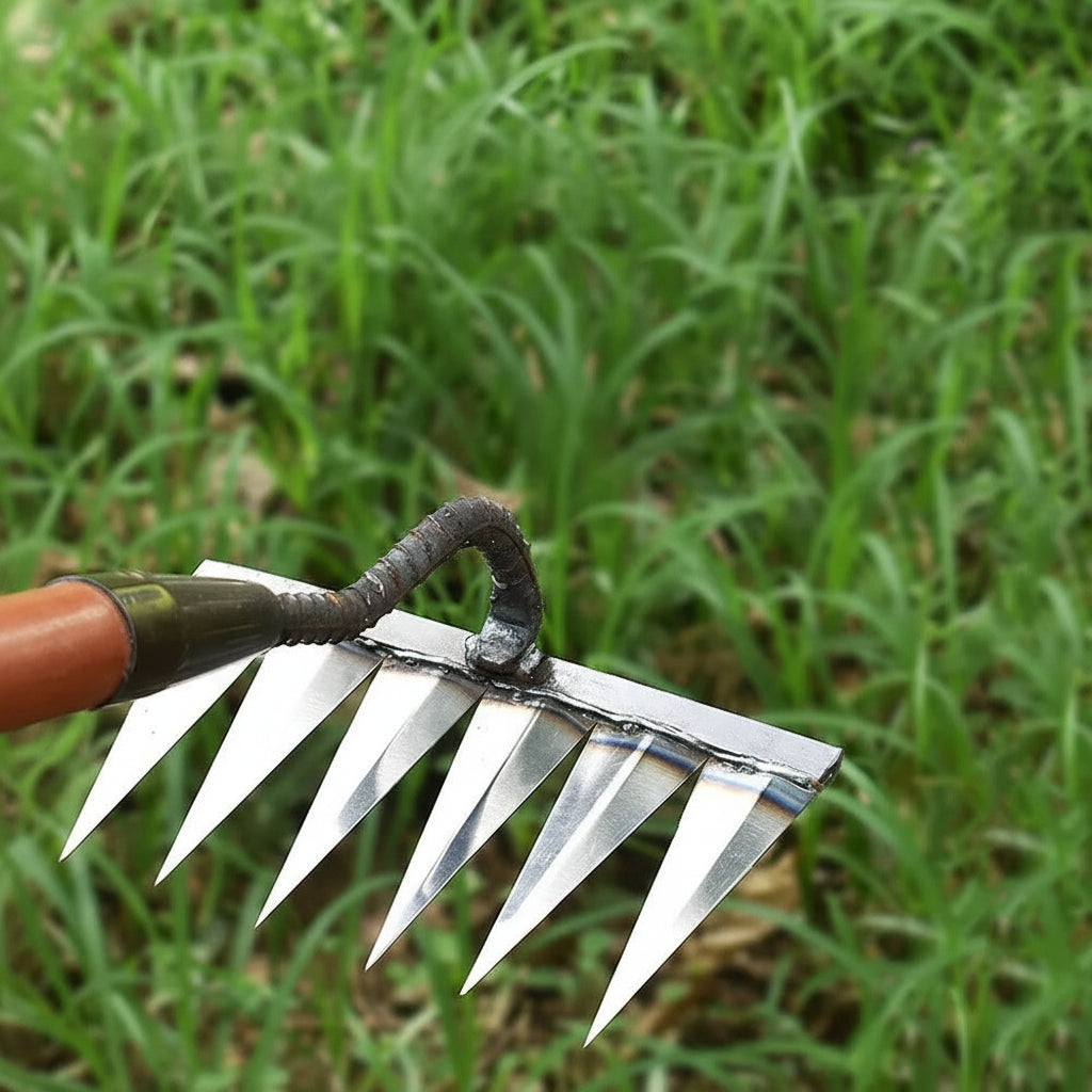 Carbon Steel Weeding Rake with Interchangeable Tine Options and Soft Grip Handle