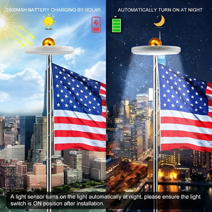 Solar Flagpole Light with 26 White LEDs and Auto-Sensing Activation, IP67 Waterproof