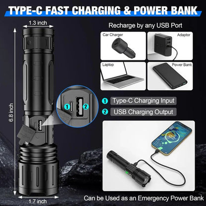 Long Range LED Flashlight with Adjustable Focus and 5 Light Modes, IPX5 Water Resistant