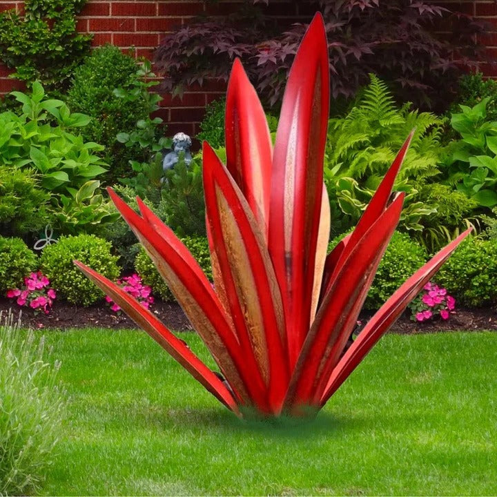 Metal Agave Sculpture with Rust Finish and Weather Resistant Coating for Indoor Outdoor