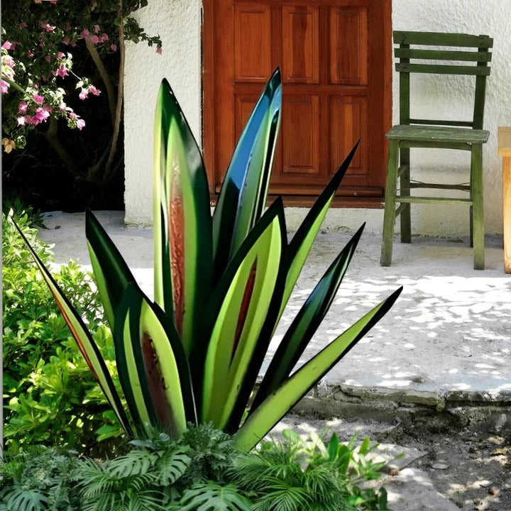Metal Agave Sculpture with Rust Finish and Weather Resistant Coating for Indoor Outdoor
