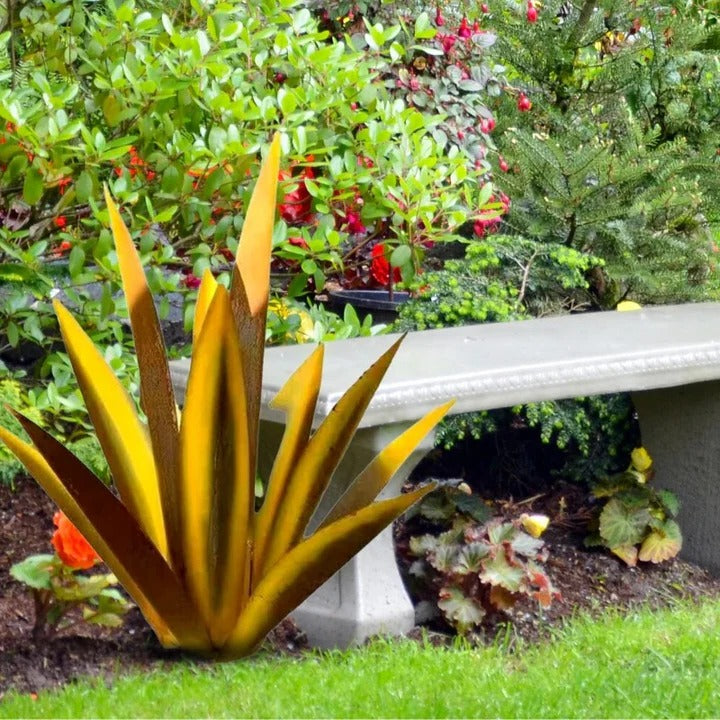 Metal Agave Sculpture with Rust Finish and Weather Resistant Coating for Indoor Outdoor