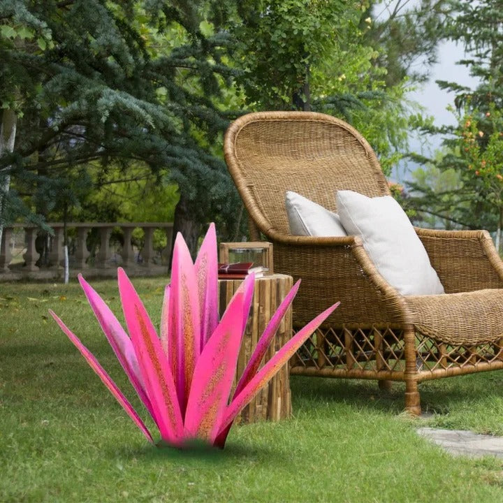 Metal Agave Sculpture with Rust Finish and Weather Resistant Coating for Indoor Outdoor