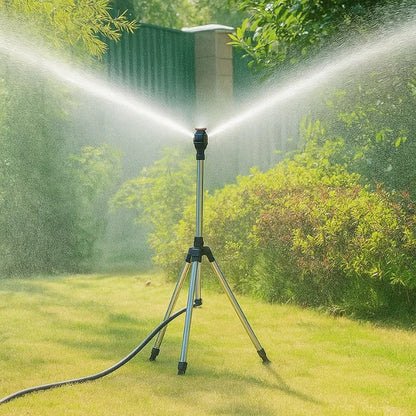 Rotating Tripod Sprinkler with Dual Spray Arms and Adjustable Height, 360 Degree Coverage