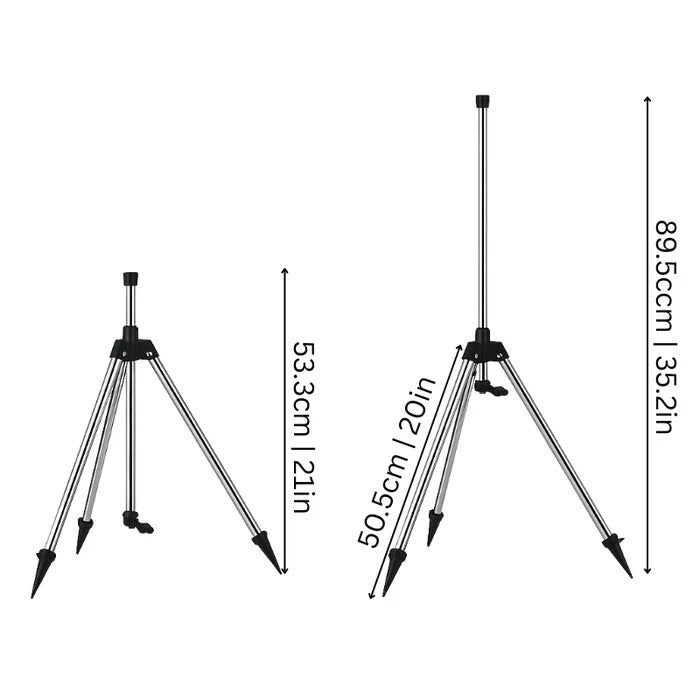 Rotating Tripod Sprinkler with Dual Spray Arms and Adjustable Height, 360 Degree Coverage