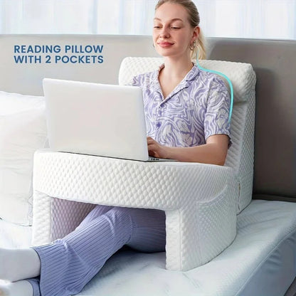 Memory Foam Reading Pillow, Bed Backrest with Pocket
