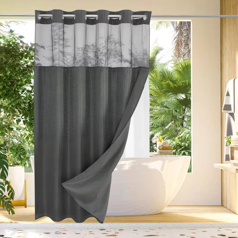 Waterproof Shower Curtain with Built-In Rings and Mesh Window, Waffle Weave