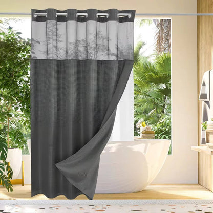 Waterproof Shower Curtain with Built-In Rings and Mesh Window, Waffle Weave