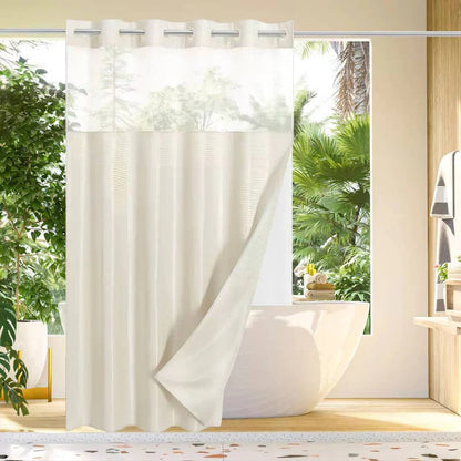Waterproof Shower Curtain with Built-In Rings and Mesh Window, Waffle Weave