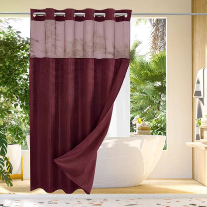 Waterproof Shower Curtain with Built-In Rings and Mesh Window, Waffle Weave