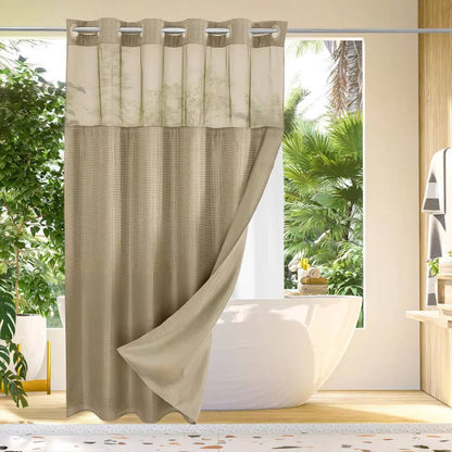 Waterproof Shower Curtain with Built-In Rings and Mesh Window, Waffle Weave