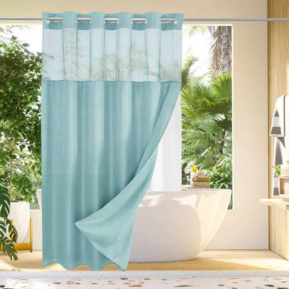 Waterproof Shower Curtain with Built-In Rings and Mesh Window, Waffle Weave
