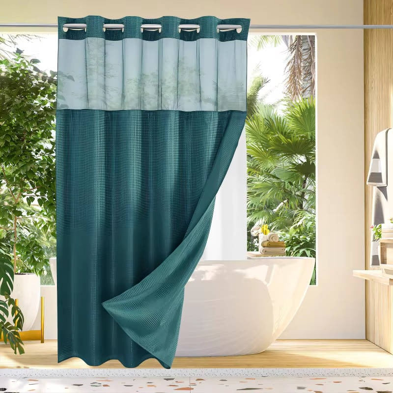 Waterproof Shower Curtain with Built-In Rings and Mesh Window, Waffle Weave