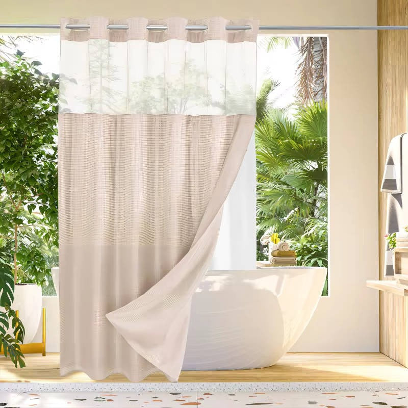 Waterproof Shower Curtain with Built-In Rings and Mesh Window, Waffle Weave