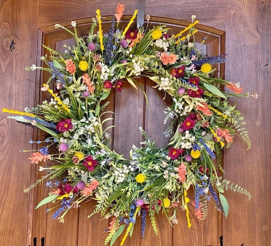 Handcrafted Silk Buttercup Wreath with Grapevine Base and Eucalyptus Foliage