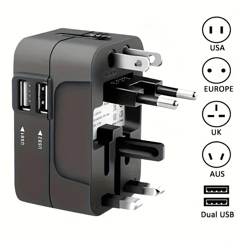 International Travel Adapter with Dual USB Ports and Dual Voltage Support