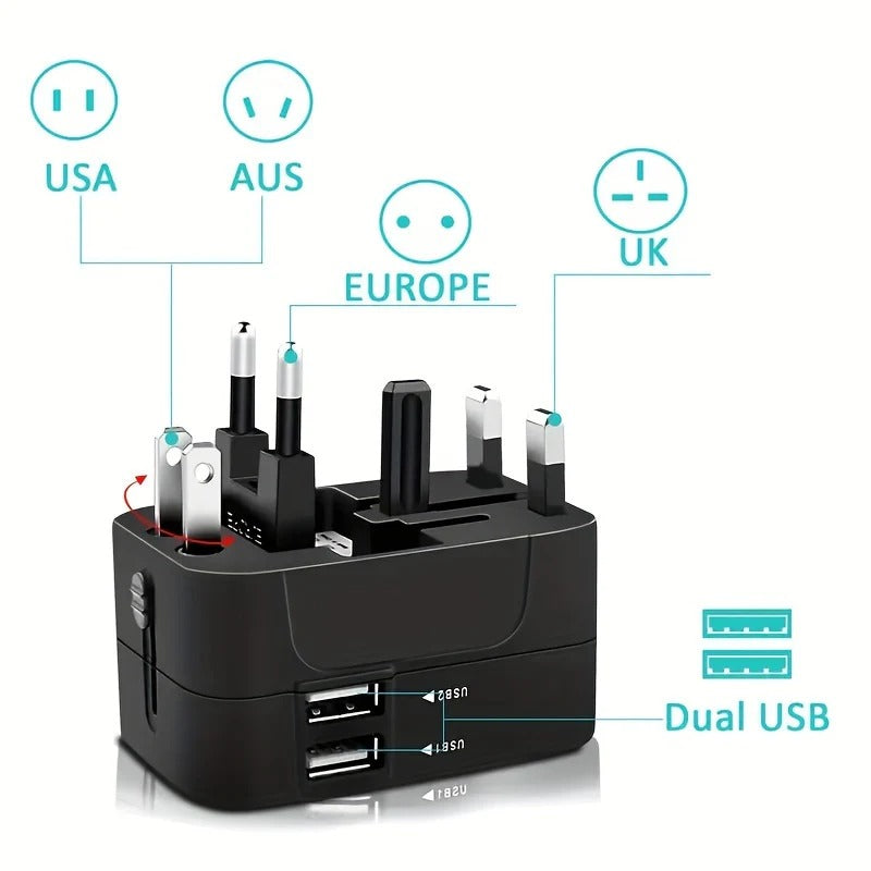 International Travel Adapter with Dual USB Ports and Dual Voltage Support