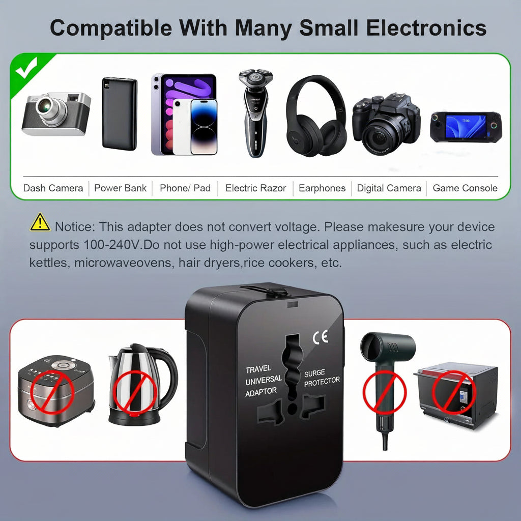 International Travel Adapter with Dual USB Ports and Dual Voltage Support