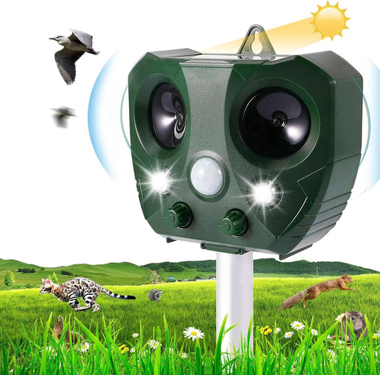Motion Activated Ultrasonic Pest Deterrent with Dual Speakers and LED Flash, 30ft Range