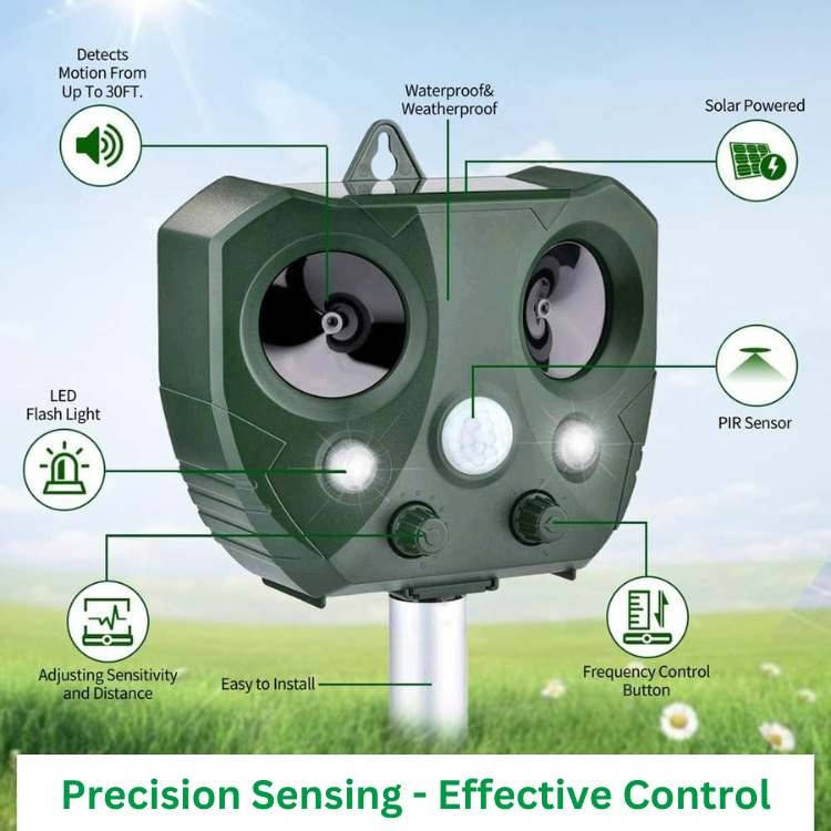 Motion Activated Ultrasonic Pest Deterrent with Dual Speakers and LED Flash, 30ft Range