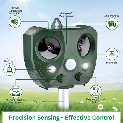 Motion Activated Ultrasonic Pest Deterrent with Dual Speakers and LED Flash, 30ft Range