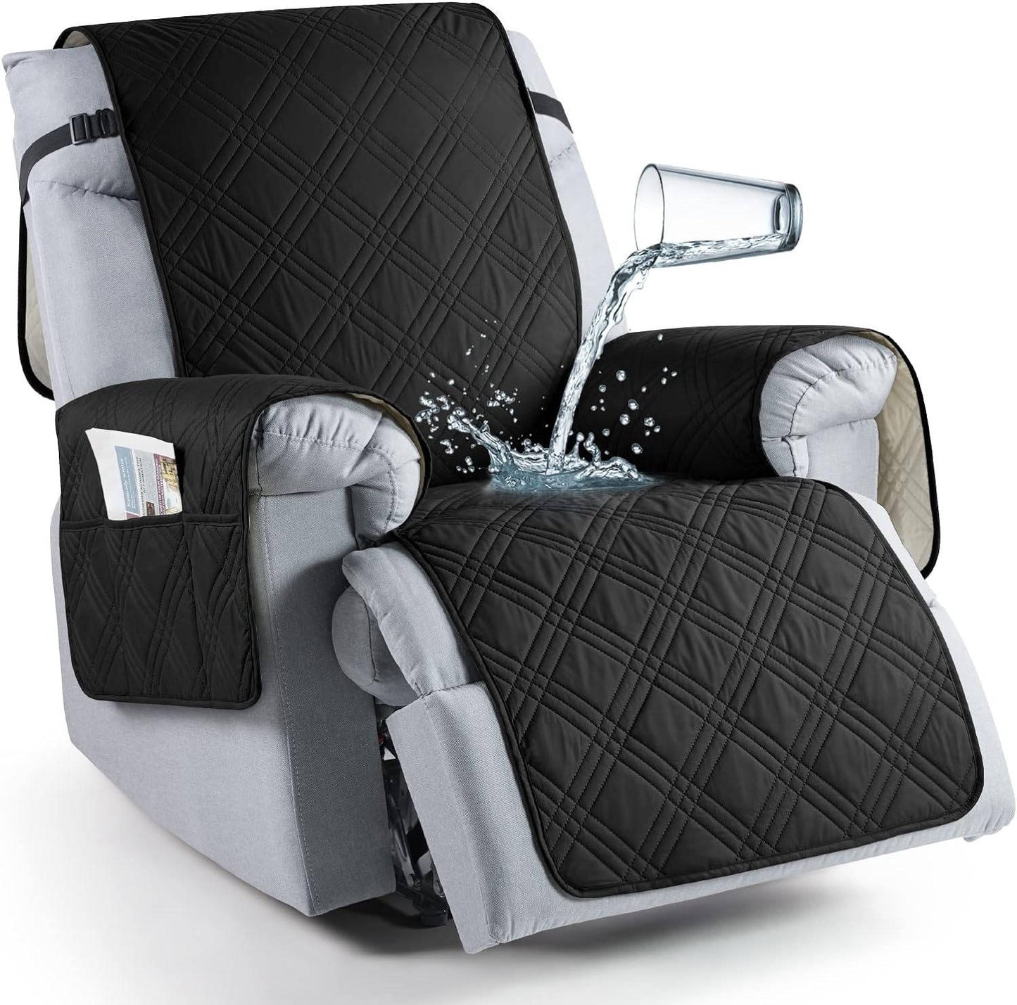Microfiber Recliner Cover with Waterproof TPU Coating and Dual Side Pockets, Machine Washable