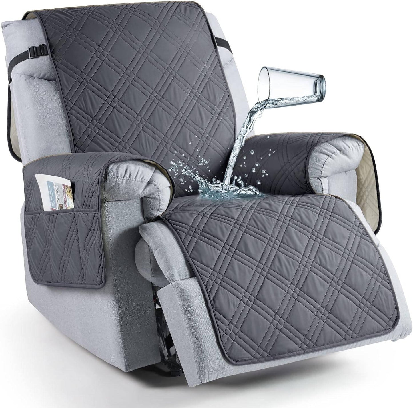 Microfiber Recliner Cover with Waterproof TPU Coating and Dual Side Pockets, Machine Washable