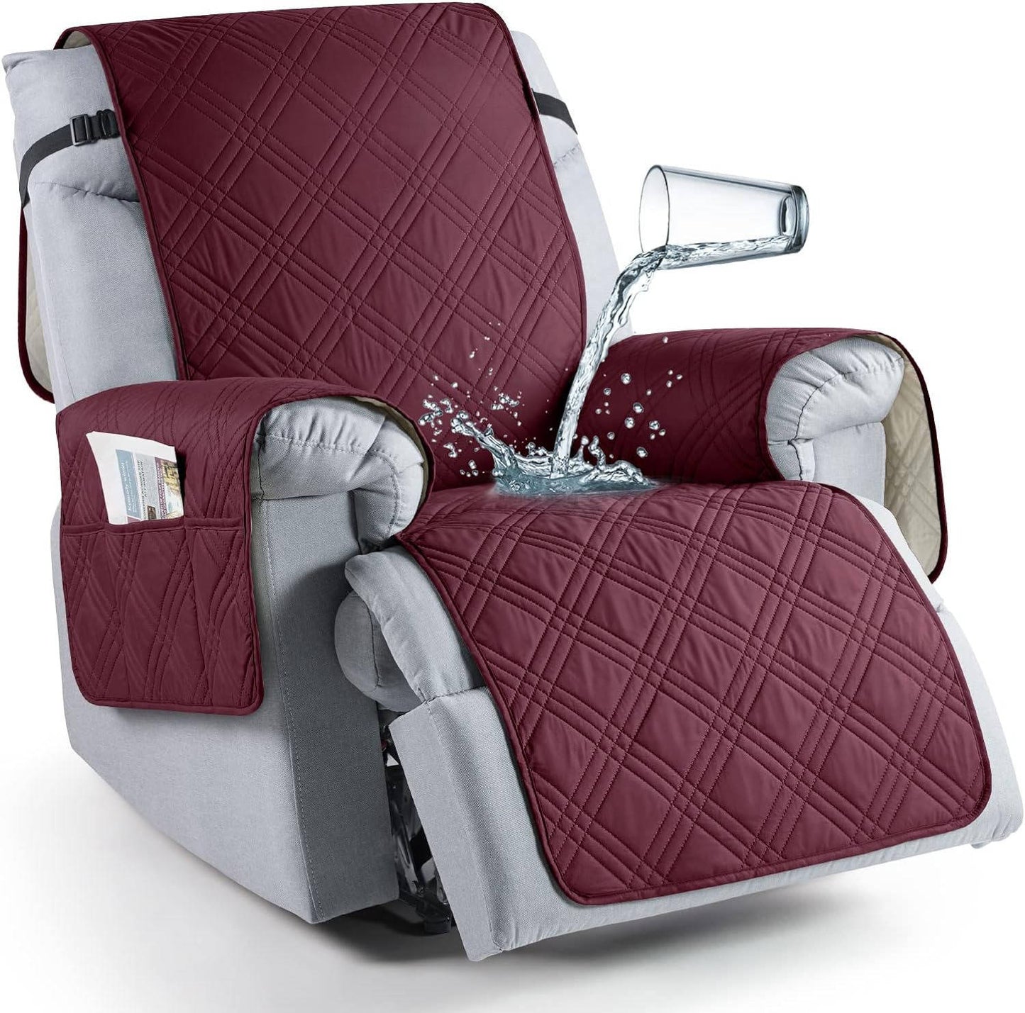 Microfiber Recliner Cover with Waterproof TPU Coating and Dual Side Pockets, Machine Washable