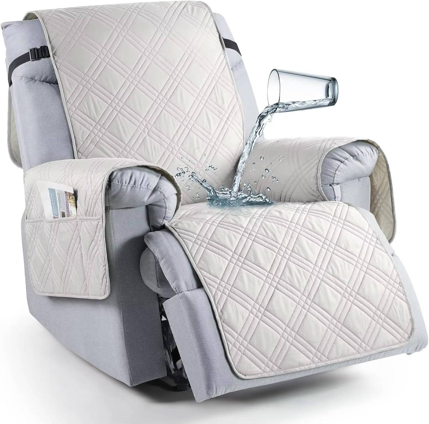 Microfiber Recliner Cover with Waterproof TPU Coating and Dual Side Pockets, Machine Washable