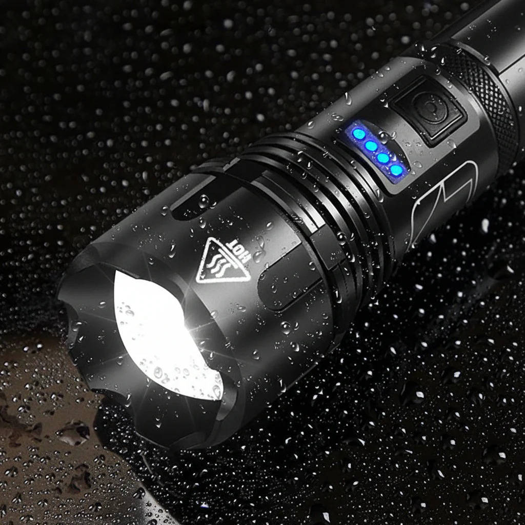 Rechargeable LED Flashlight with Zoomable Beam and 5 Lighting Modes, IPX5 Water Resistant