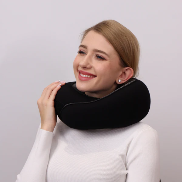 Contoured Neck Pillow with Snap Closure and Sleep Accessories for Travel
