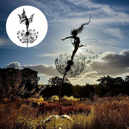 Steel Fairy Garden Sculpture with Dandelion Design and Rust-Resistant Coating