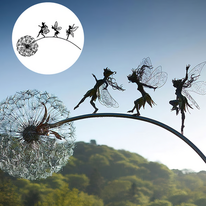 Steel Fairy Garden Sculpture with Dandelion Design and Rust-Resistant Coating