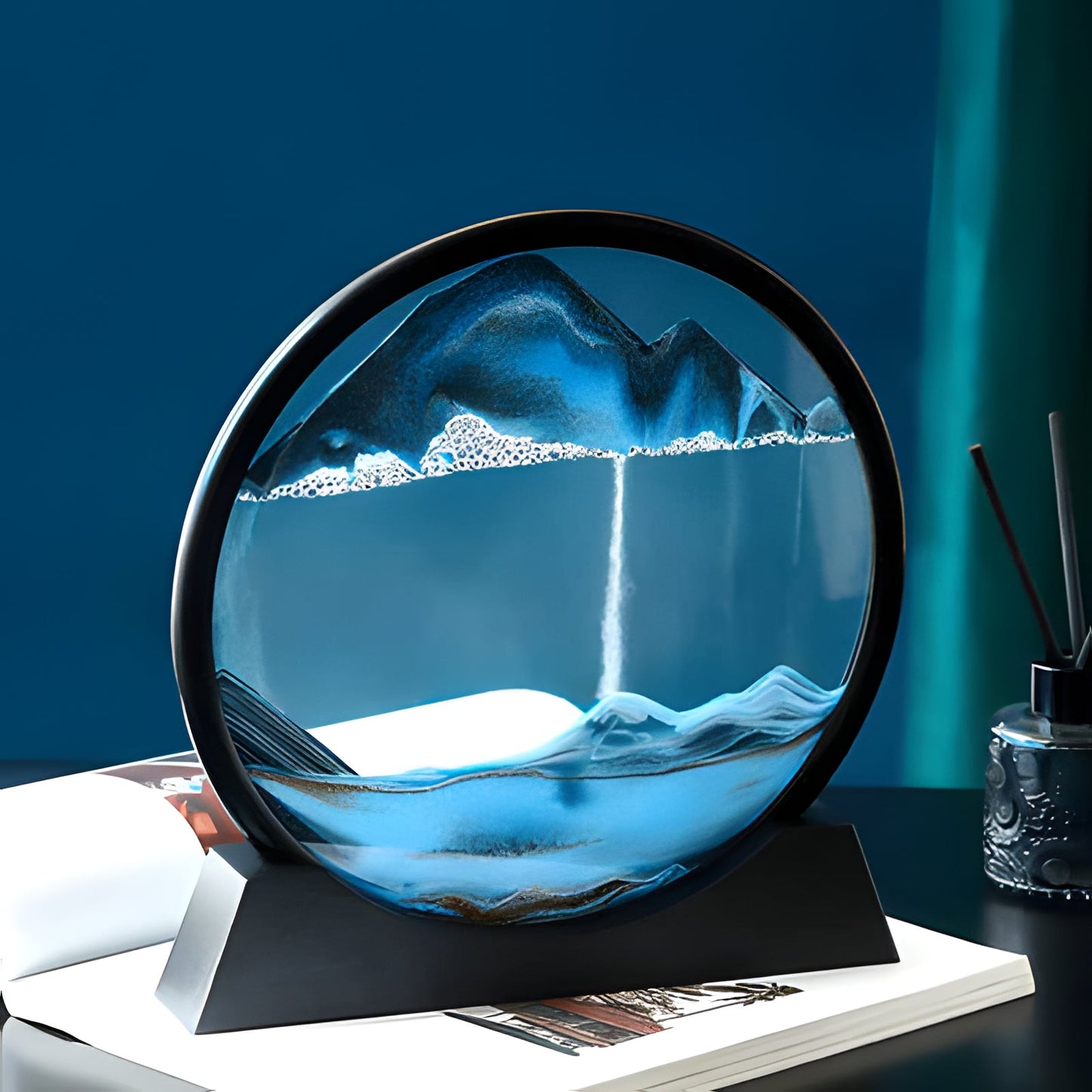 Dynamic Sand Art Frame with Colored Layers and Glass Panels