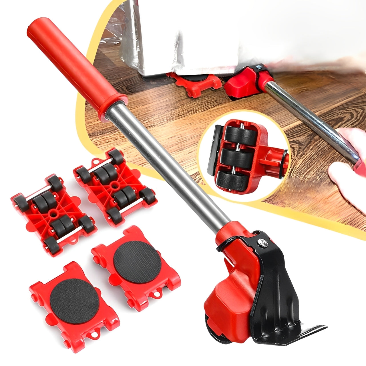 Furniture Moving System with Lifting Bar and 360-Degree Rotating Pads