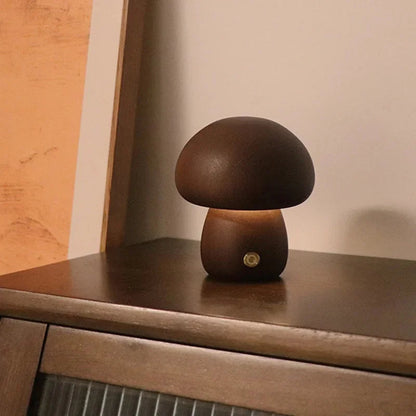 Wooden Mushroom Night Light with Touch Control and Rechargeable Battery