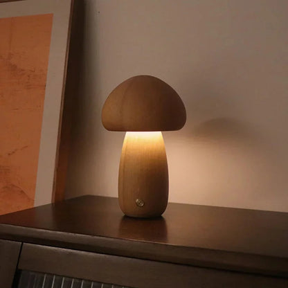 Wooden Mushroom Night Light with Touch Control and Rechargeable Battery