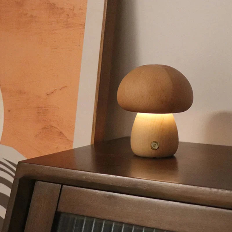 Wooden Mushroom Night Light with Touch Control and Rechargeable Battery