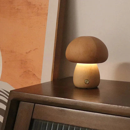 Wooden Mushroom Night Light with Touch Control and Rechargeable Battery